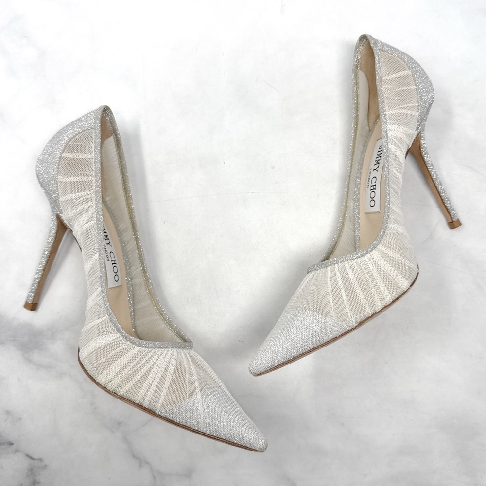 Jimmy Choo Silver and Ivory Glitter Mesh Pointed-Toe Heels - Picture 7 of 16
